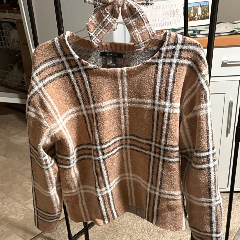 Tahari Camel Plaid Crewneck Sweater with White & Black Accents